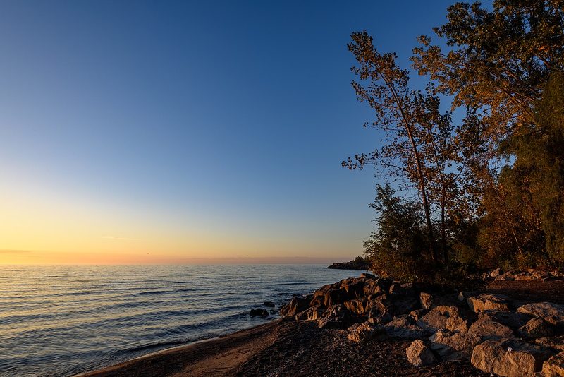 Sunrise over Lake Ontario from Jack Darling Park in Mississauga.